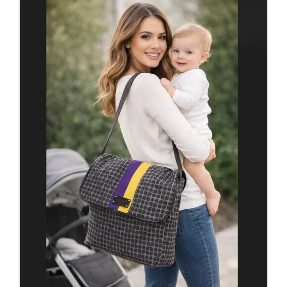 Kate Spade Classic Noel Dot Diaper Bag Large Brown Purple Y2K Stripe Messenger - Picture 1 of 12